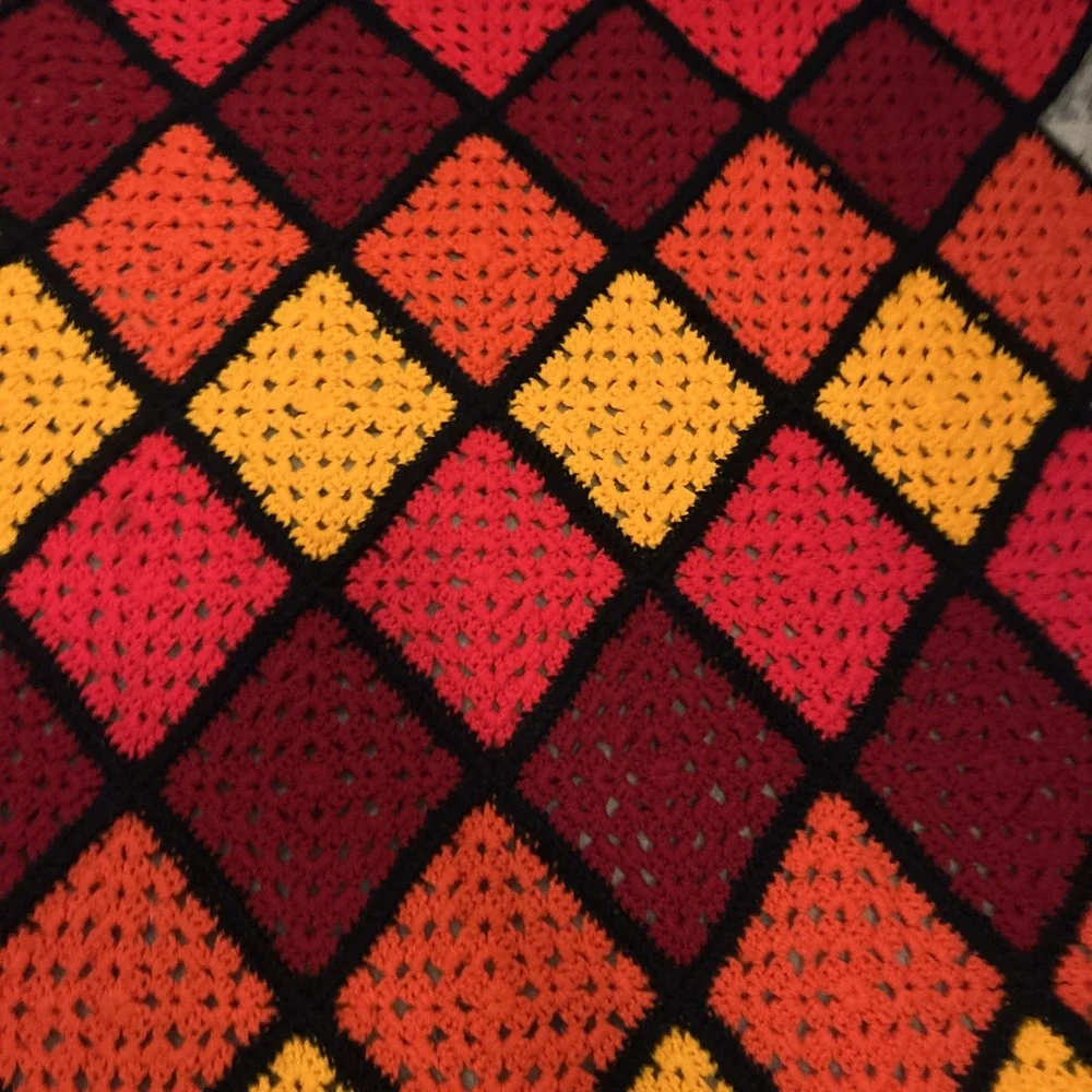 Vintage Hand Crocheted Granny Square Afghan Blanket Red Black Orange 64 By 56